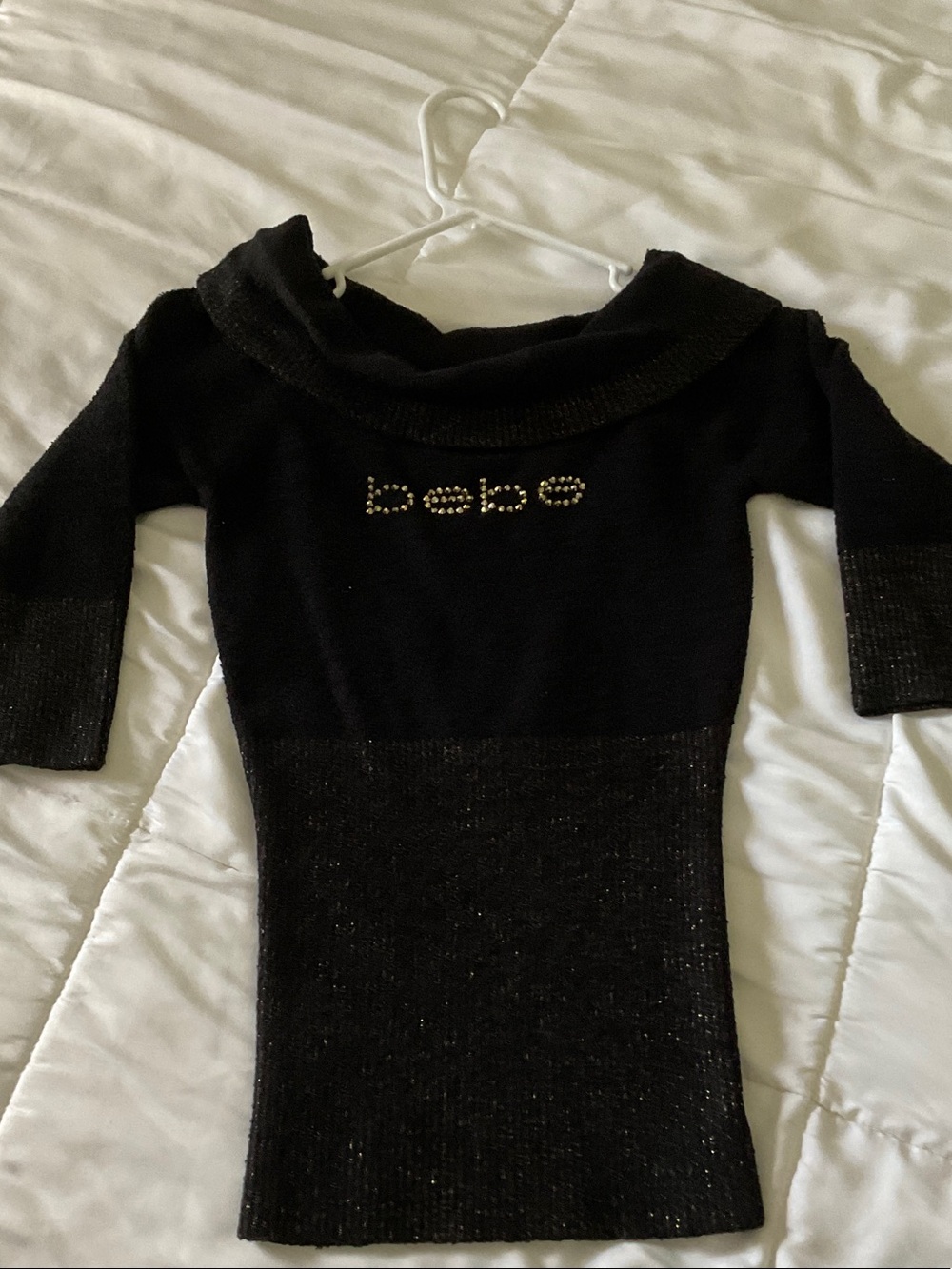 bebe Black Knit Top with Jeweled Logo
